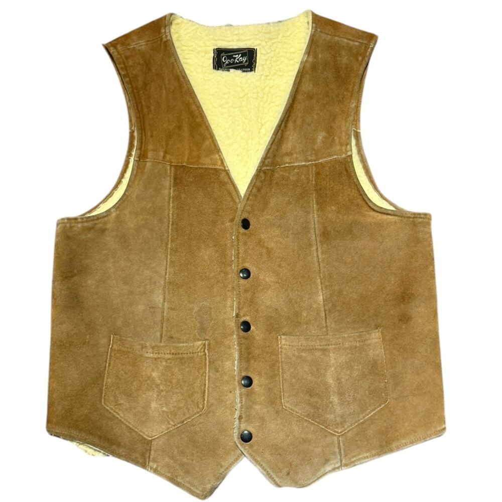 Vintage Western Jo-o-Kay Brown Suede Vest with Sherpa Lining Mens M/L